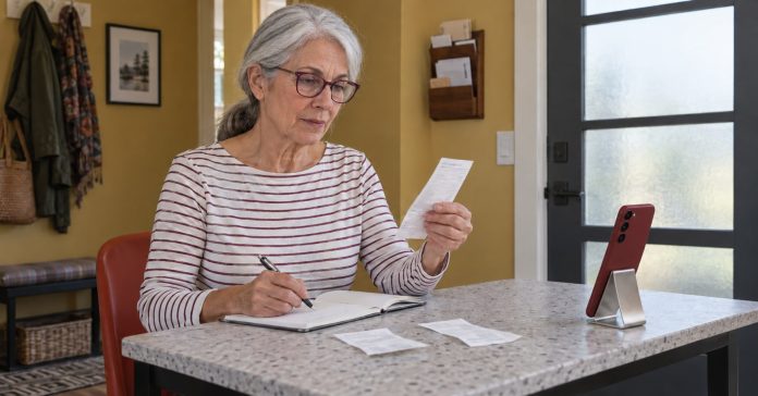 Woman in her sixties reviewing paper receipts at a terrazzo desk beside a modern smartphone in a red case on a stand.