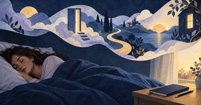 Editorial illustration of a sleeping adult beside a soft abstract sequence of dream fragments and a morning notebook.