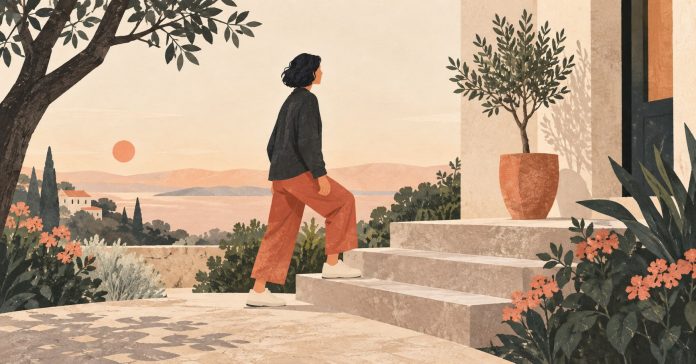 An adult taking one step onto a low outdoor stair in a warm coral and charcoal editorial illustration.