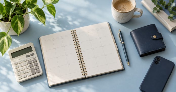 Planning an optional spending budget Planner, calculator, closed wallet and phone on a pale blue desk.