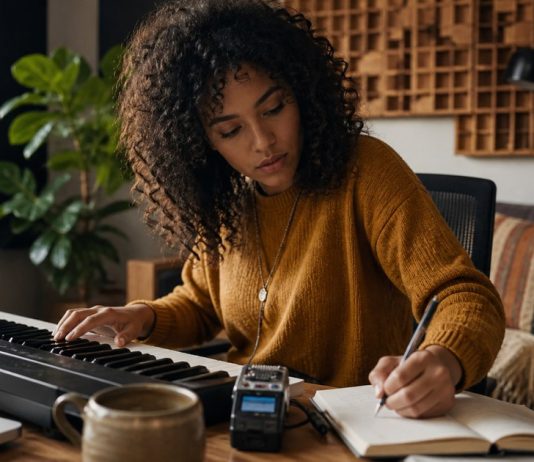 Why Songwriting Can Feel Like “Channeling”: Flow, Memory, and Intuition Songwriter capturing a melody at a keyboard in a warm home studio