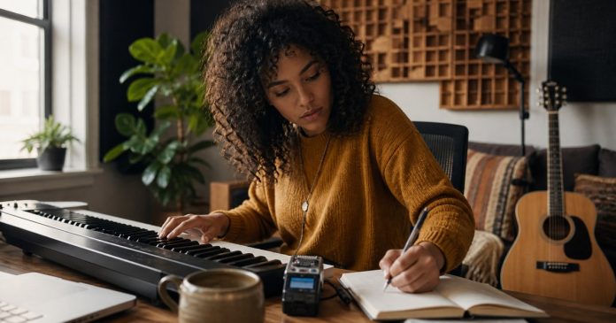 Songwriter capturing a melody at a keyboard in a warm home studio
